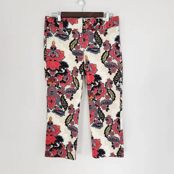 Jcrew Capri Pants Casual Womens Stretch White, Black & Red Floral Print Size 4P - Picture 1 of 10